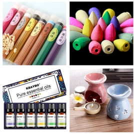 Aromatherapy: incense sticks/cones, essencial oils, oil warmers, backflow burners, Incense burners