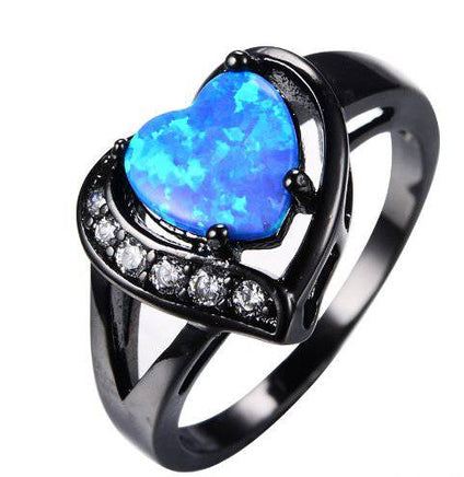 Female white Fire Opal Heart with zircon ring black gold ring promise engagement ring - Fun Gifts & More