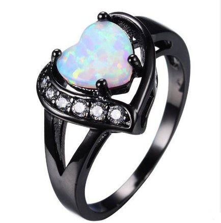 Female white Fire Opal Heart with zircon ring black gold ring promise engagement ring - Fun Gifts & More