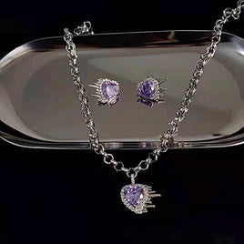 Women Fashion Vintage Crystal Purple Heart Necklace Earrings - Fun Gifts & More