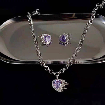 Women Fashion Vintage Crystal Purple Heart Necklace Earrings - Fun Gifts & More