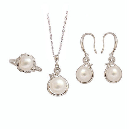 Freshwater Pearl Set Silver Elegant Graceful Jewelry Three-piece Set Gift Earrings Necklace Ring - Fun Gifts & More