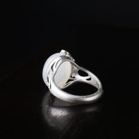 S990 Pure Silver Natural Hetian White Jade Retro Ethnic Style Lotus Leaf Flower Ring - Fun Gifts & More