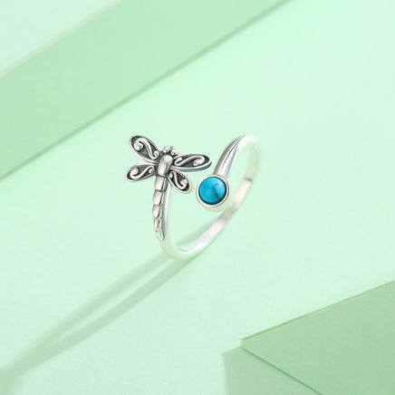 925 Sterling Silver Dragonfly Open Ring Turquoise Cute Animal Jewelry - Fun Gifts & More