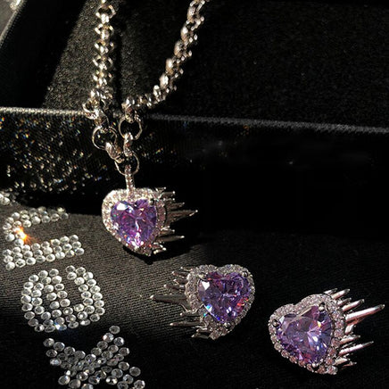 Women Fashion Vintage Crystal Purple Heart Necklace Earrings - Fun Gifts & More