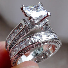 New Style Charm Couple Rings His Her Silver Color Princess Cut CZ Anniversary Promise Wedding Engagement Ring Sets - Fun Gifts & More