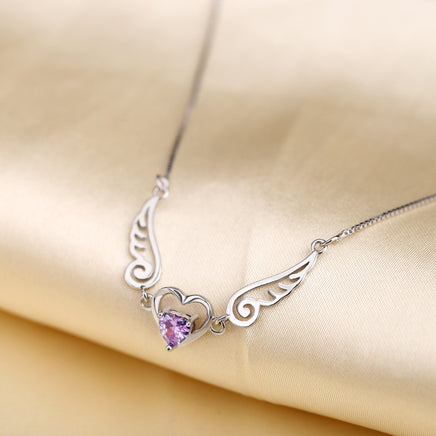 Angel Wings Necklace Pure Silver 925 Jewelry Romantic Purple Crystal Heart Necklaces For Women Sterling-Silver-Jewelry Necklace - Fun Gifts & More