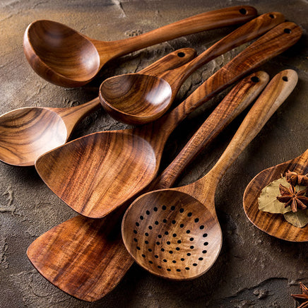 Thailand Teak Natural Wood Tableware Spoon Ladle Turner Long Rice Colander Soup Skimmer Cooking Spoons Scoop Kitchen Tool Set - Fun Gifts & More