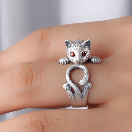 Fashion Retro Red Eye Lucky Cat Silver Ring - Fun Gifts & More