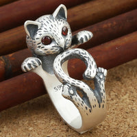 Fashion Retro Red Eye Lucky Cat Silver Ring - Fun Gifts & More