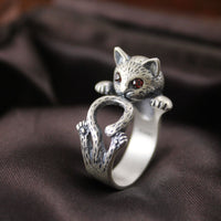 Fashion Retro Red Eye Lucky Cat Silver Ring - Fun Gifts & More