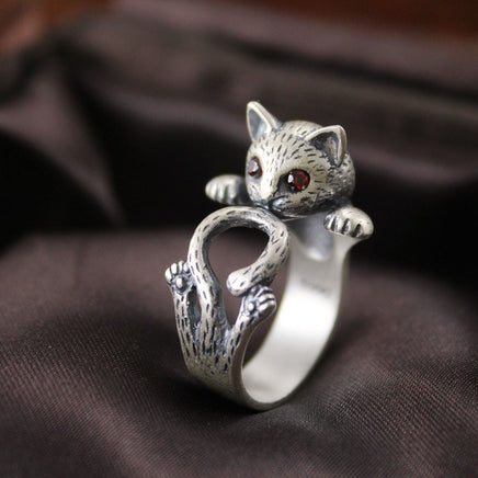 Fashion Retro Red Eye Lucky Cat Silver Ring - Fun Gifts & More