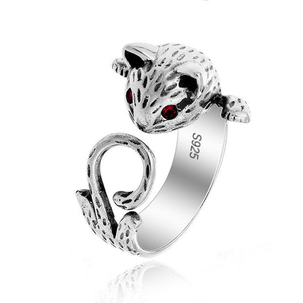 Fashion Retro Red Eye Lucky Cat Silver Ring - Fun Gifts & More