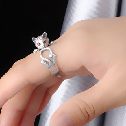 Fashion Retro Red Eye Lucky Cat Silver Ring - Fun Gifts & More