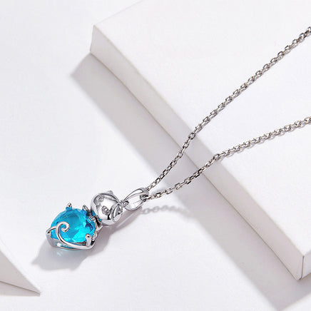 Cute Cat Blue and Platinum Plated Sterling Silver Necklace - Fun Gifts & More