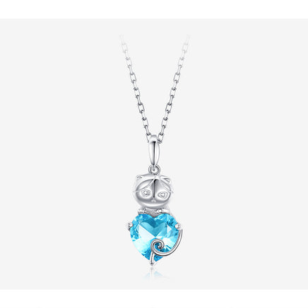 Cute Cat Blue and Platinum Plated Sterling Silver Necklace - Fun Gifts & More