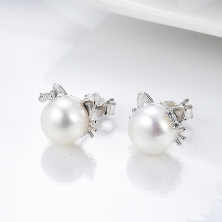 Sterling Silver S925 Pearl Cat Earrings - Fun Gifts & More