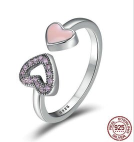 925 Sterling Silver Heart to Heart Enamel & Clear CZ Finger Ring - Fun Gifts & More