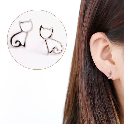 Cute wild 925 sterling silver (cartoon hollow asymmetrical cat earrings) Japanese and Korean simple earrings - Fun Gifts & More