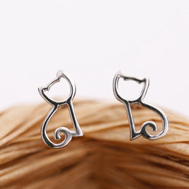 Cute wild 925 sterling silver (cartoon hollow asymmetrical cat earrings) Japanese and Korean simple earrings - Fun Gifts & More