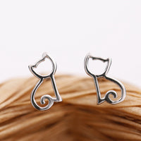 Cute wild 925 sterling silver (cartoon hollow asymmetrical cat earrings) Japanese and Korean simple earrings - Fun Gifts & More