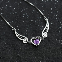 Angel Wings Necklace Pure Silver 925 Jewelry Romantic Purple Crystal Heart Necklaces For Women Sterling-Silver-Jewelry Necklace - Fun Gifts & More