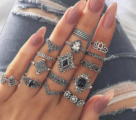 Fashion Trend 15-Piece Hollow Lotus Sunflower Geometric Black Gemstone Ring Set - Fun Gifts & More