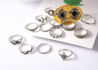 Fashion Trend 15-Piece Hollow Lotus Sunflower Geometric Black Gemstone Ring Set - Fun Gifts & More