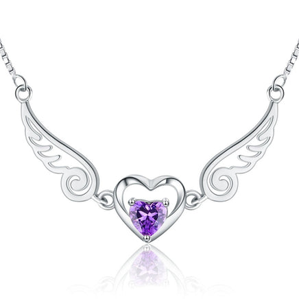 Angel Wings Necklace Pure Silver 925 Jewelry Romantic Purple Crystal Heart Necklaces For Women Sterling-Silver-Jewelry Necklace - Fun Gifts & More