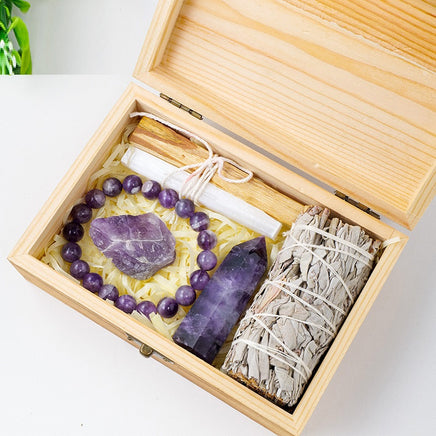 Natural Crystal Amethyst Wooden Box Set Gift Box - Fun Gifts & More