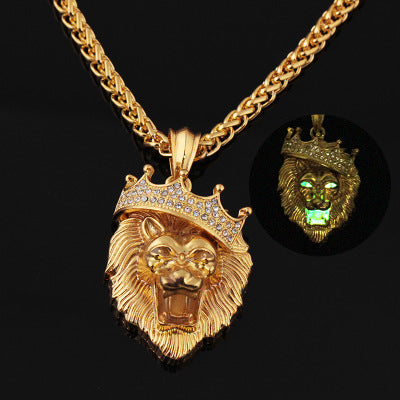 Europe and the United States selling diamond crown lion hip-hop luminous necklaces men Unisex gold-plated hiphop luminous Pendant - Fun Gifts & More