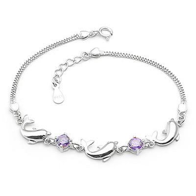 925 Sterling Silver Bracelet Wholesale, Dolphin Amethyst Bracelet, Women's Short Silver Jewelry - Fun Gifts & More