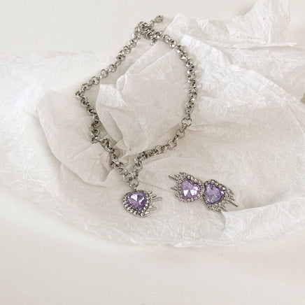 Women Fashion Vintage Crystal Purple Heart Necklace Earrings - Fun Gifts & More