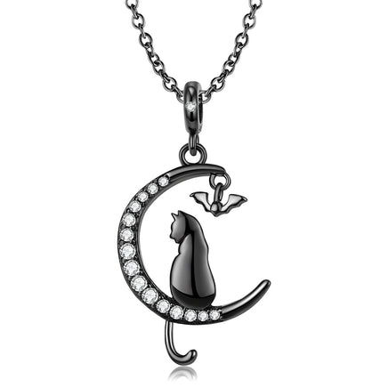 Simple Black Moon Cat Girl Fashion Versatile S925 Sterling Silver Zirconium Necklace - Fun Gifts & More