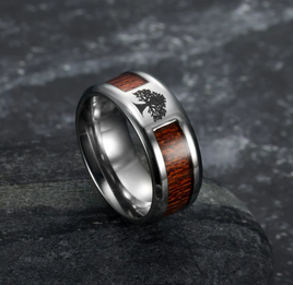 Asgard Crafted Handcrafted Stainless Steel Celtic Tree Of Life And Wood Inset Wedding Ring - Fun Gifts & More