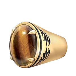 Vintage Etched Tribal Tattoo Style Tiger Eye Men's Ring - Fun Gifts & More