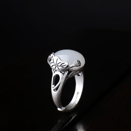 S990 Pure Silver Natural Hetian White Jade Retro Ethnic Style Lotus Leaf Flower Ring - Fun Gifts & More