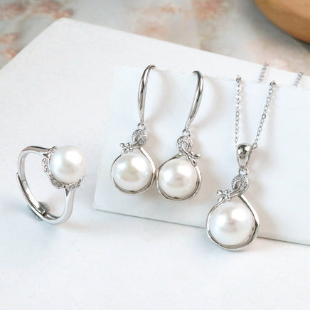 Freshwater Pearl Set Silver Elegant Graceful Jewelry Three-piece Set Gift Earrings Necklace Ring - Fun Gifts & More