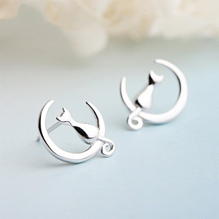 Moon Cat Sterling Silver Earrings Female - Fun Gifts & More