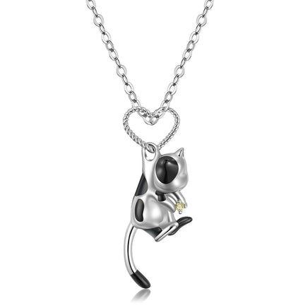 Cute 3D Cow Cat S925 Sterling Silver Necklace Girl Cute Forest Animal Necklace - Fun Gifts & More