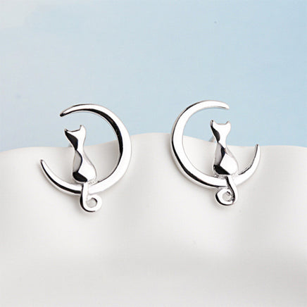 Moon Cat Sterling Silver Earrings Female - Fun Gifts & More