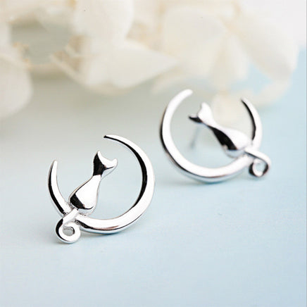 Moon Cat Sterling Silver Earrings Female - Fun Gifts & More