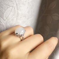 S990 Pure Silver Natural Hetian White Jade Retro Ethnic Style Lotus Leaf Flower Ring - Fun Gifts & More