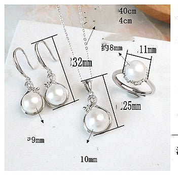 Freshwater Pearl Set Silver Elegant Graceful Jewelry Three-piece Set Gift Earrings Necklace Ring - Fun Gifts & More