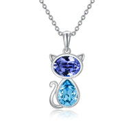 Cat Necklace with Crystal from Austria in White Gold Plated Sterling Silver - Fun Gifts & More