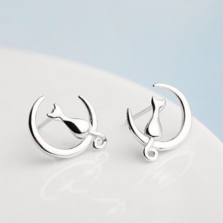 Moon Cat Sterling Silver Earrings Female - Fun Gifts & More