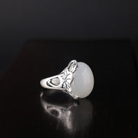 S990 Pure Silver Natural Hetian White Jade Retro Ethnic Style Lotus Leaf Flower Ring - Fun Gifts & More