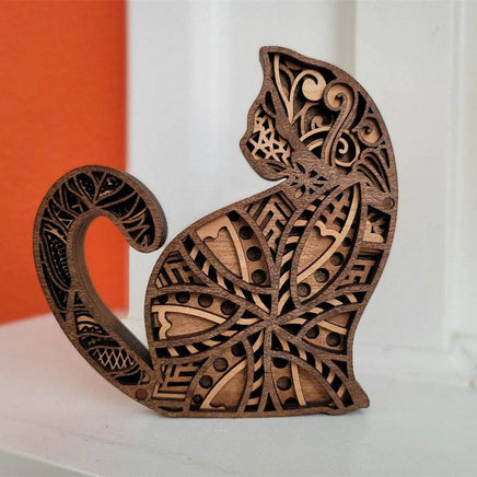 Wood Cat Figurine Handcrafted Cat Sculpture - Fun Gifts & More